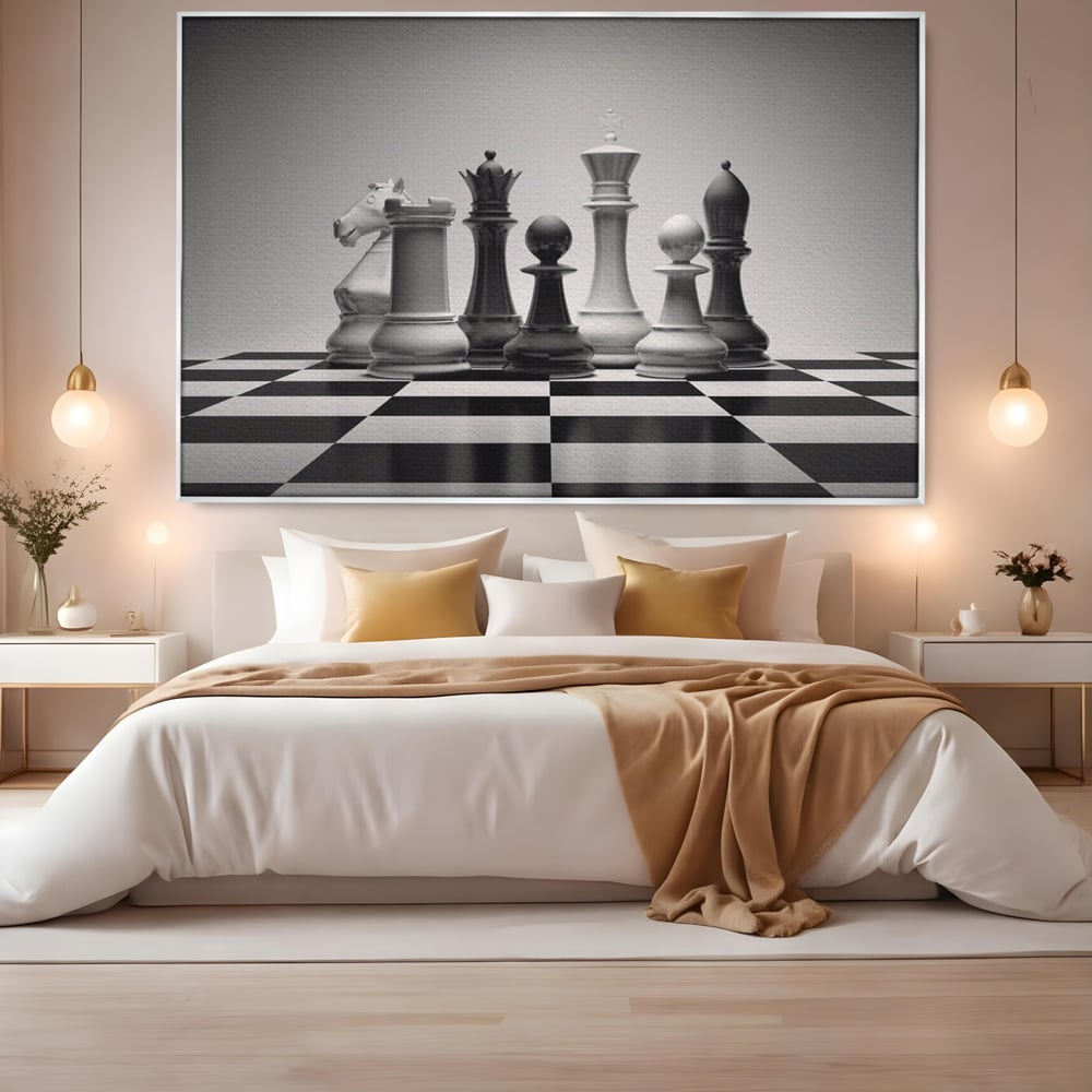 Tablou canvas cu tablou canvas cu piese de sah alb-negru, in rama de aluminiu argintiu, pe perete intr-un dormitor